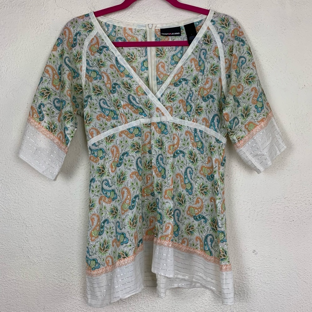 DKNY Jeans Metallic Paisley Boho Faux Wrap Top 7